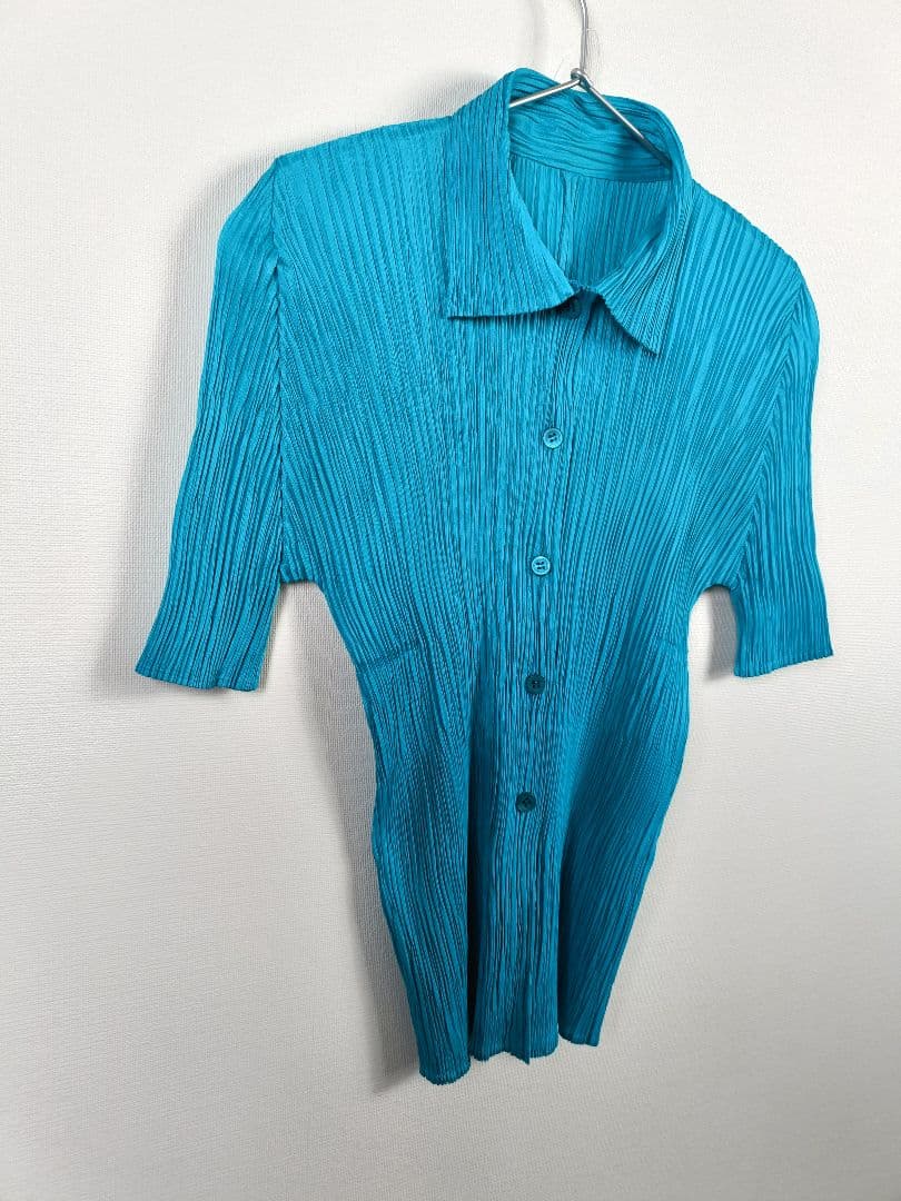 PLEATS PLEASE 五分丈ブラウス【サイズ3 L相当】【ターコイズ色】