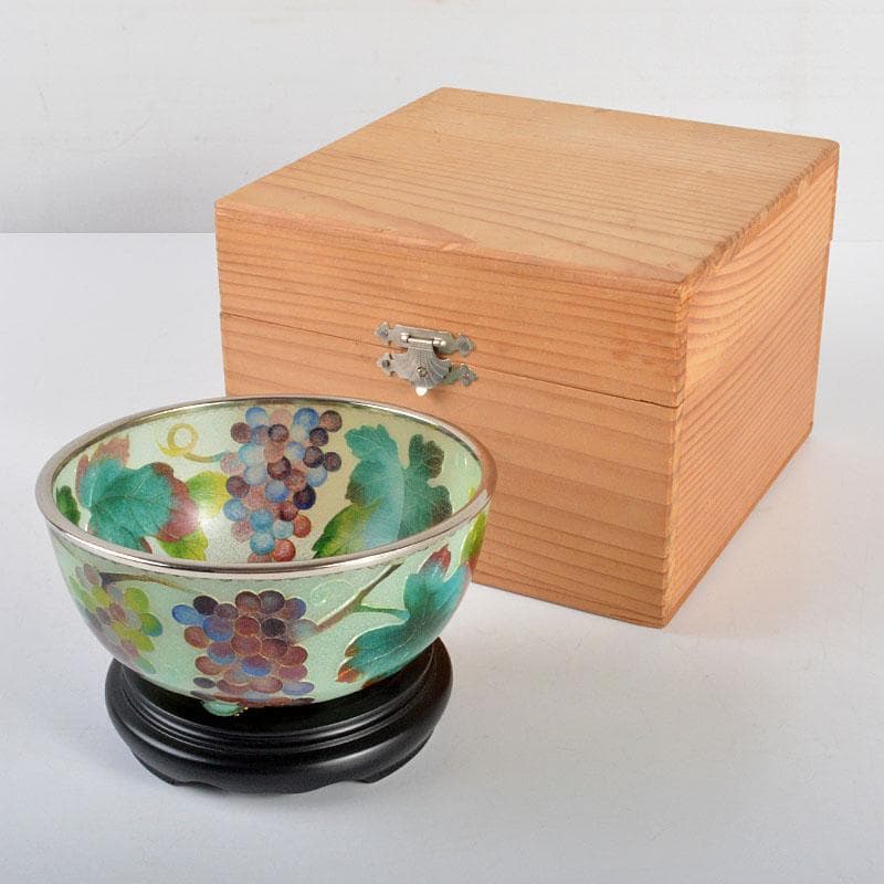 工芸ガラス　銅覆輪　葡萄文　鉢　唐木台付　時代箱付　H　R4332