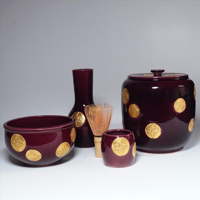 御室窯　紫交趾七宝文皆具　共箱　茶道具　水指　杓立　建水　蓋置