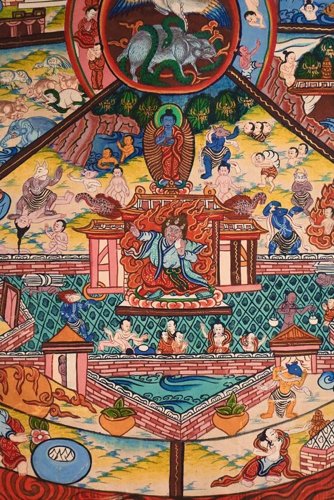 【仏】　★ 仏教 彩絵六道輪廻図掛軸 ★　清朝期　曼荼羅 刺繍表装　布本仏画