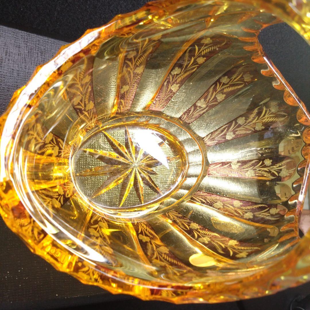 【ボヘミア】超希少！　高級クリスタル　フラワーベース　バスケット　琥珀　イエロー