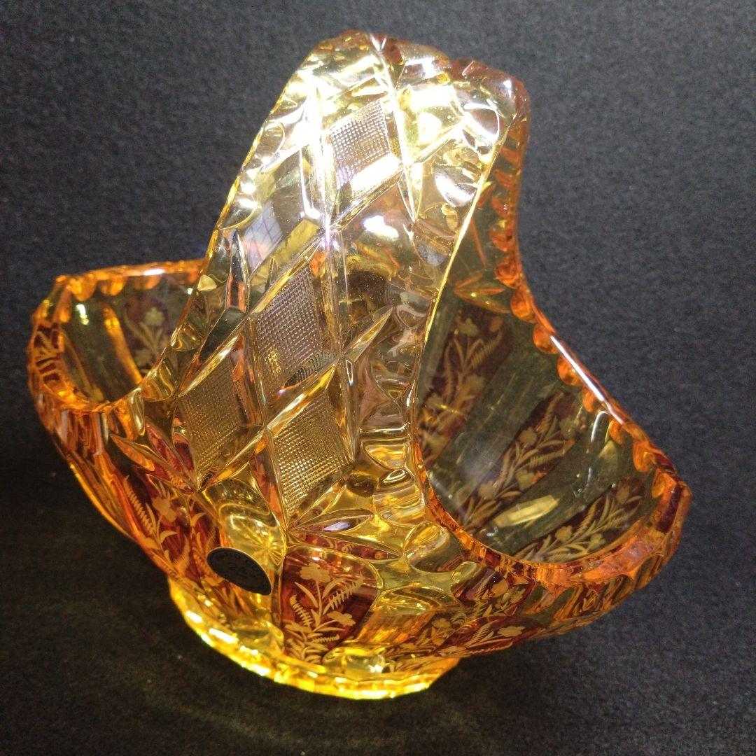 【ボヘミア】超希少！　高級クリスタル　フラワーベース　バスケット　琥珀　イエロー