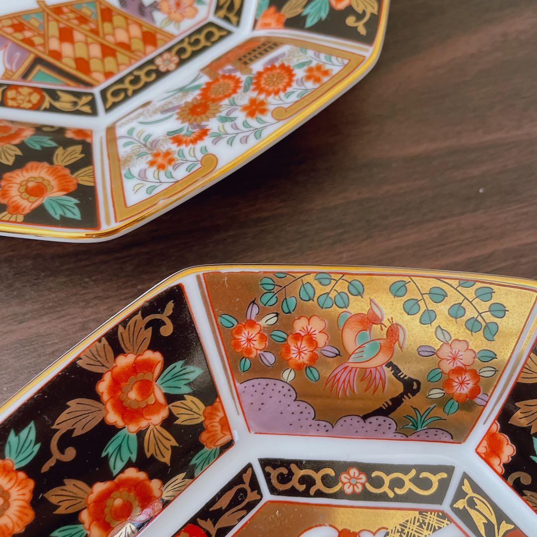 【未使用】　有田焼　青藍窯　古伊万里紋 金蘭手　金彩　八角皿　5枚揃