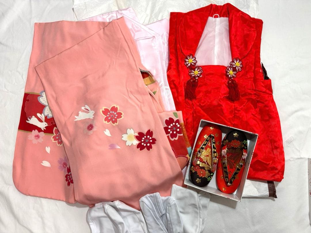 七五三 絹 赤とピンク 着物セット 5歳 3歳