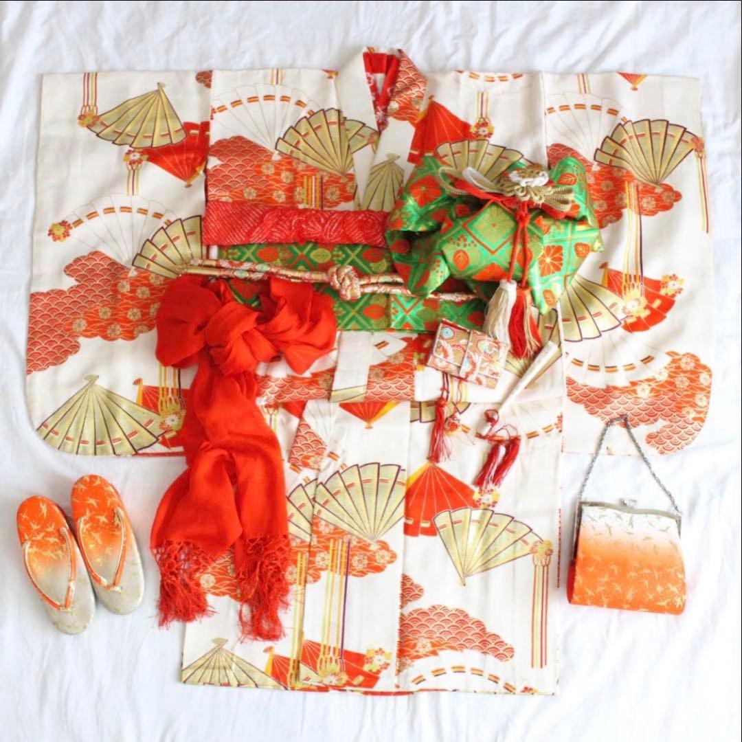 七五三 衣装 赤と緑 扇子模様　着画あり◯