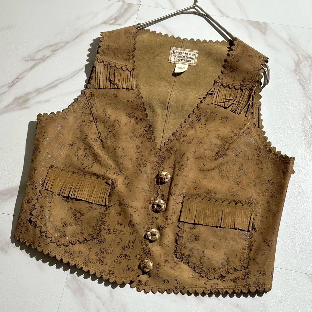 【美品/L】ダブルアールエル レザー ベスト 牛革 カウレザー ベージュ系