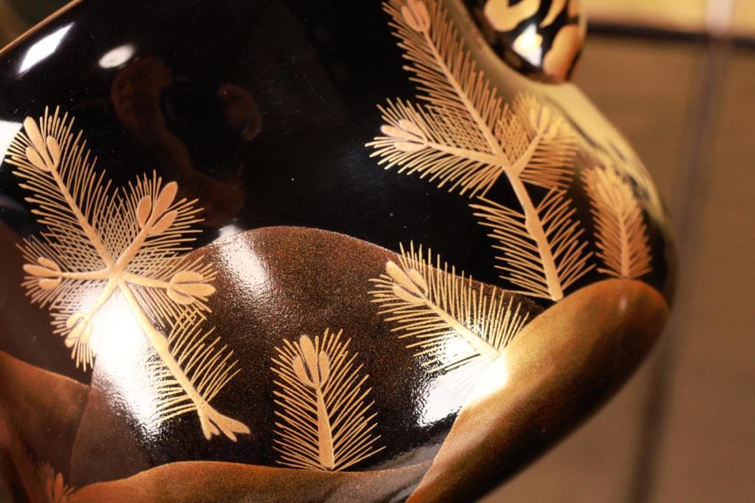 BJ009 高級漆器　時代輪島塗　若松鶴蒔絵　銚子 一対　銀摘　酒道具　懐石道具