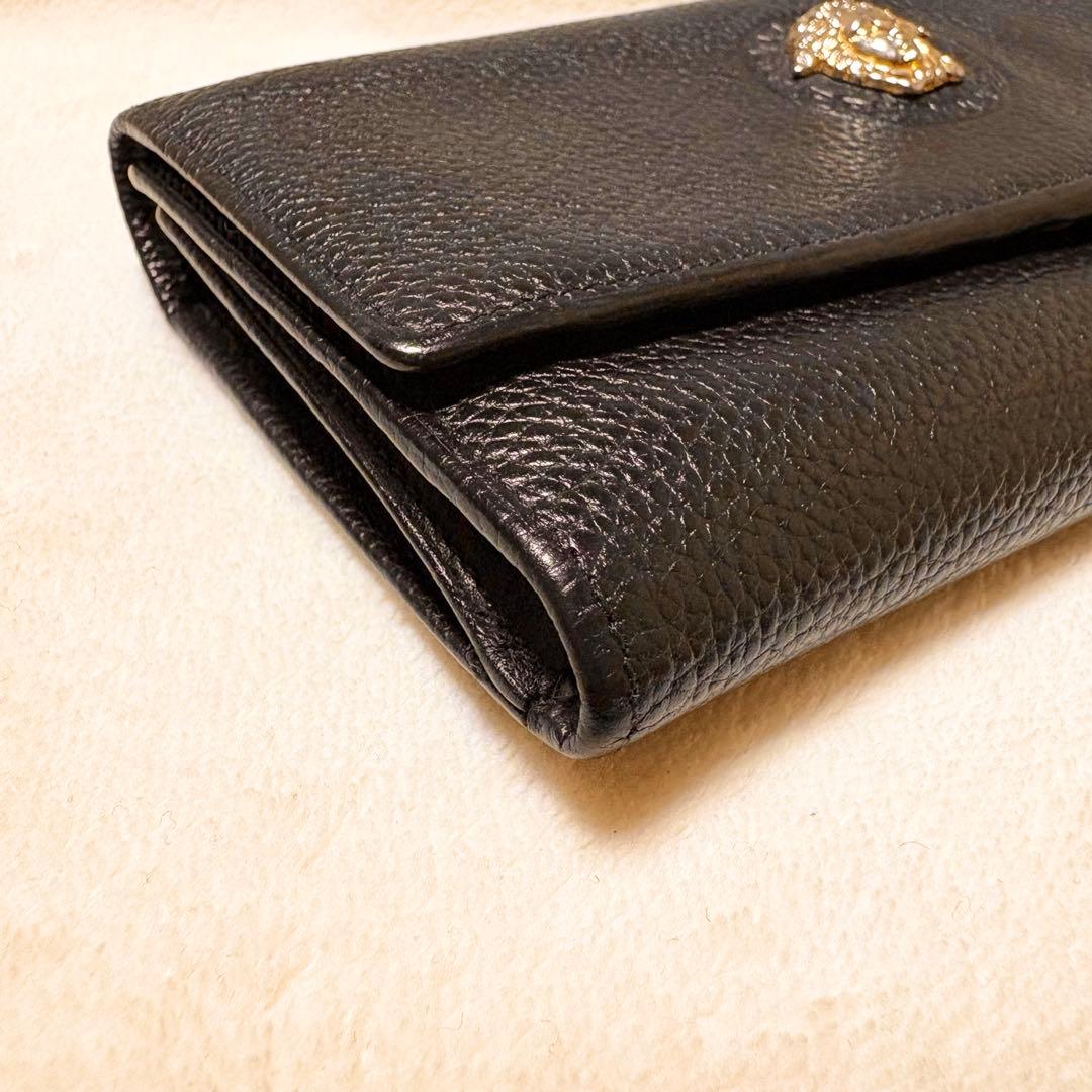 VERSACE ブラック しぼ革レザー 長財布 メタルメドゥーサ付