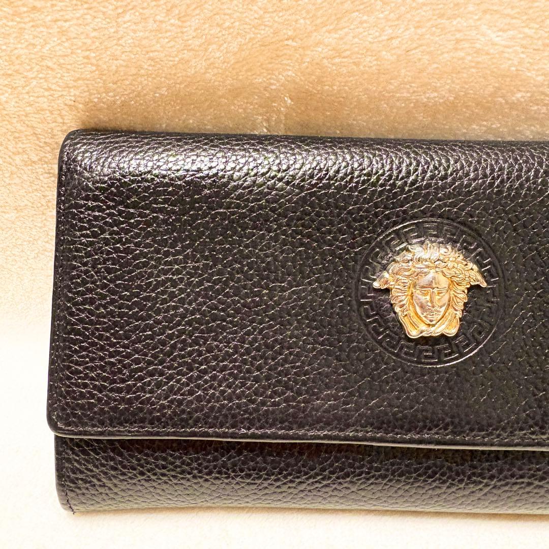 VERSACE ブラック しぼ革レザー 長財布 メタルメドゥーサ付