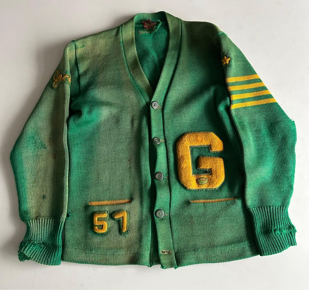 50s レタードカーディガン　肉厚　グリーン×イエロー　ワッペン　フェード