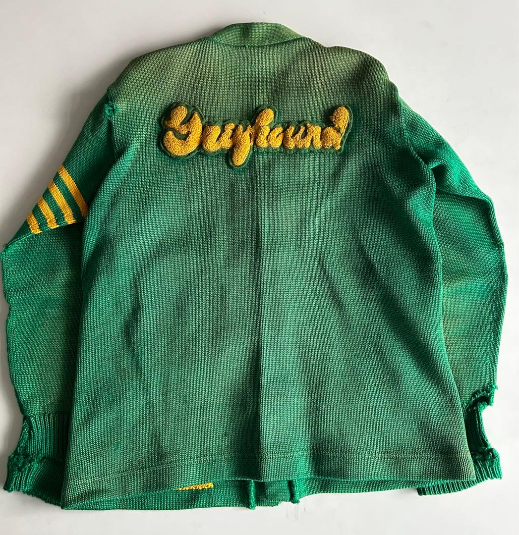 50s レタードカーディガン　肉厚　グリーン×イエロー　ワッペン　フェード