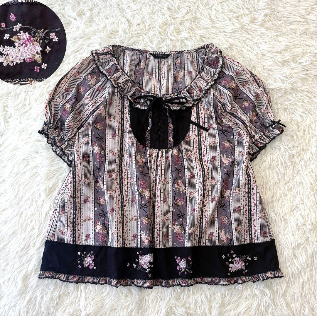 美品 PINK HOUSE ピコフリル 刺繍　花柄 リボン　ブラウス　FREE