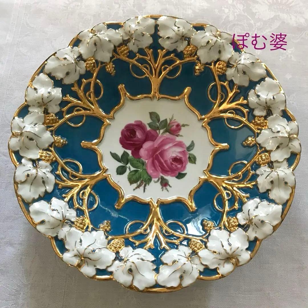 【古マイセン】グランツゴールド／飾り皿「紺碧の青地／薔薇と葡萄」