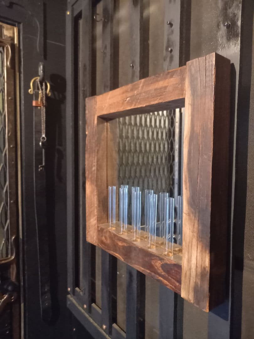 古木材　無垢　オールド　エルム　楡の木　ガラス管　ウォール　ミラー　壁掛け　鏡