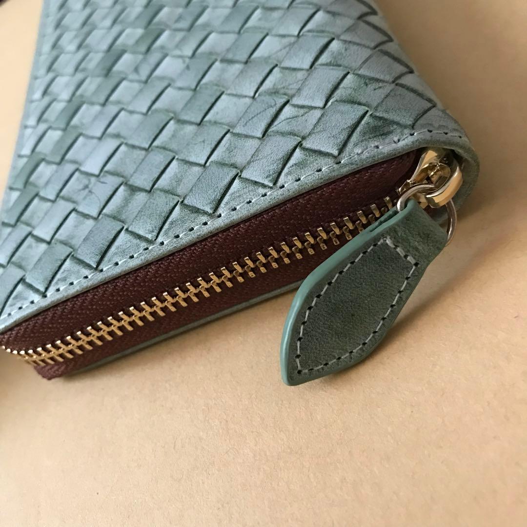 緑　ハンドメイド 新品 ブライドレザー ヌメ革本革 編み込み　メンズ財布　長財布