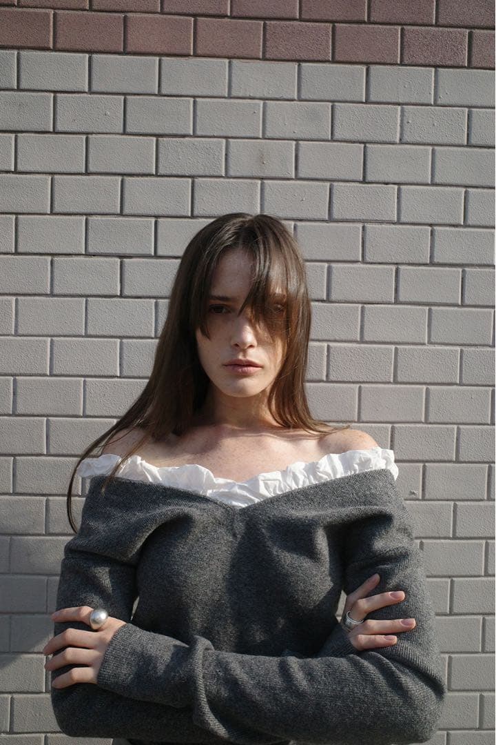 CLANE 2WAY FRILL V NECK KNIT TOPS グレー1