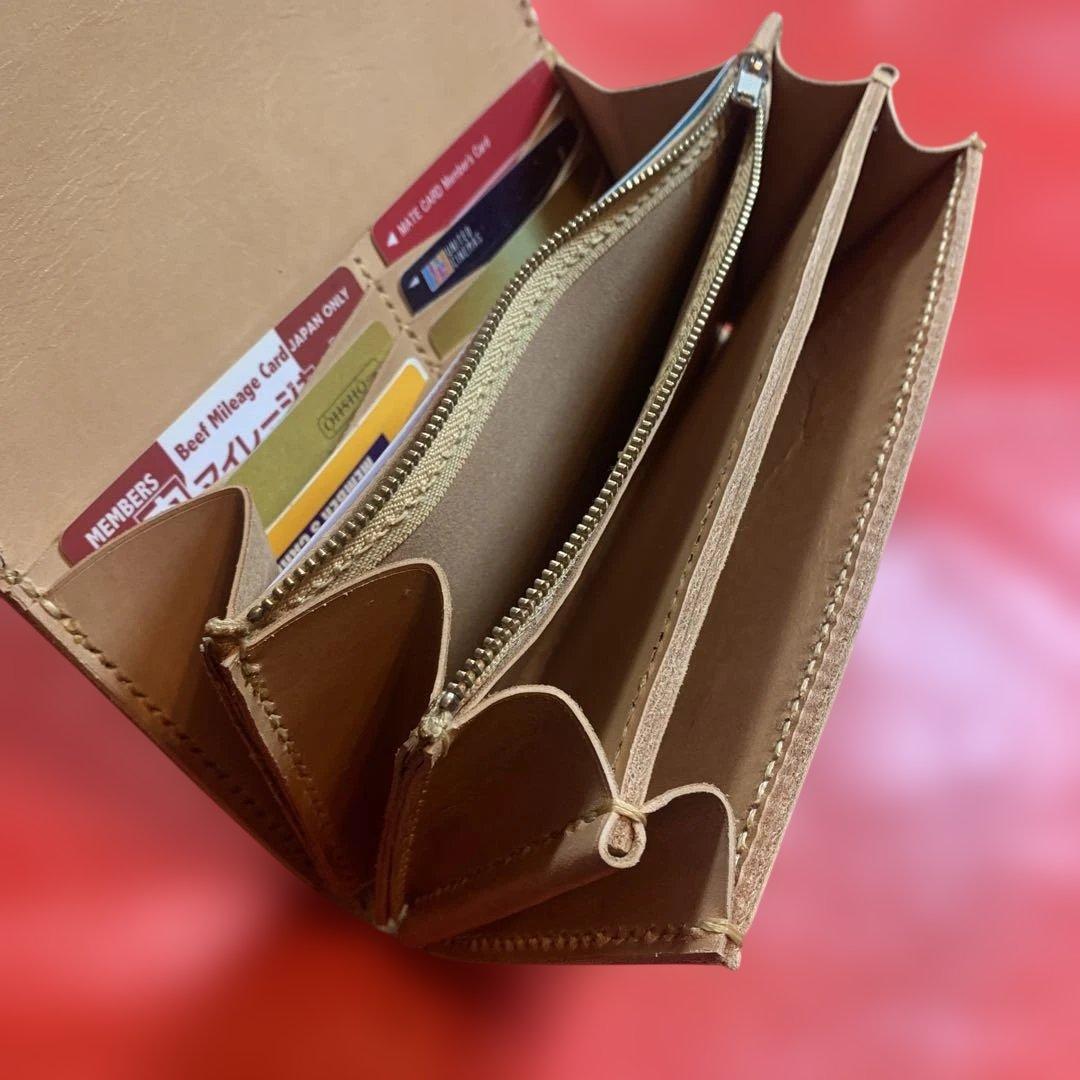 ハンドメイドレザークラフトヌメ革牛レース編み長財布　ヌメ革長財布