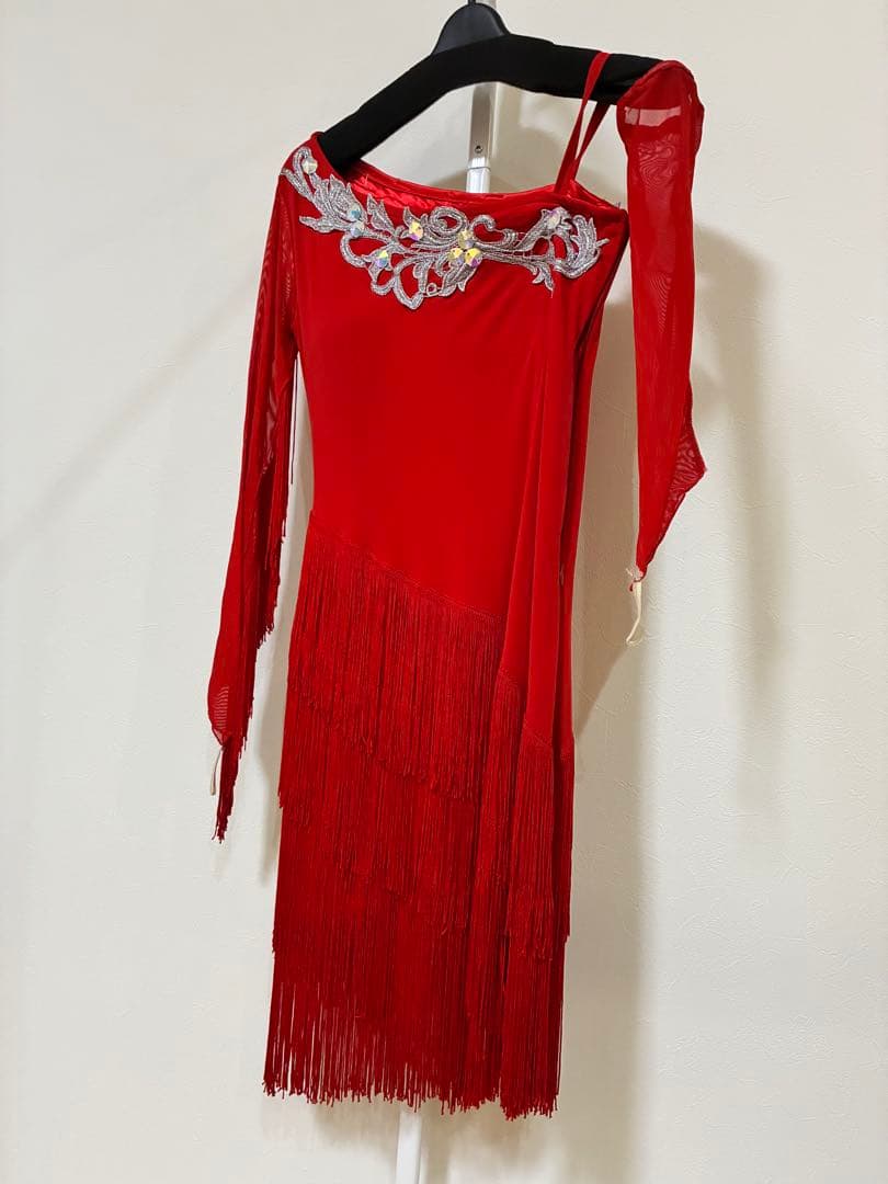 Create-sun 社交ダンス ドレス 赤 フリンジ×ビジュー アシンメトリー