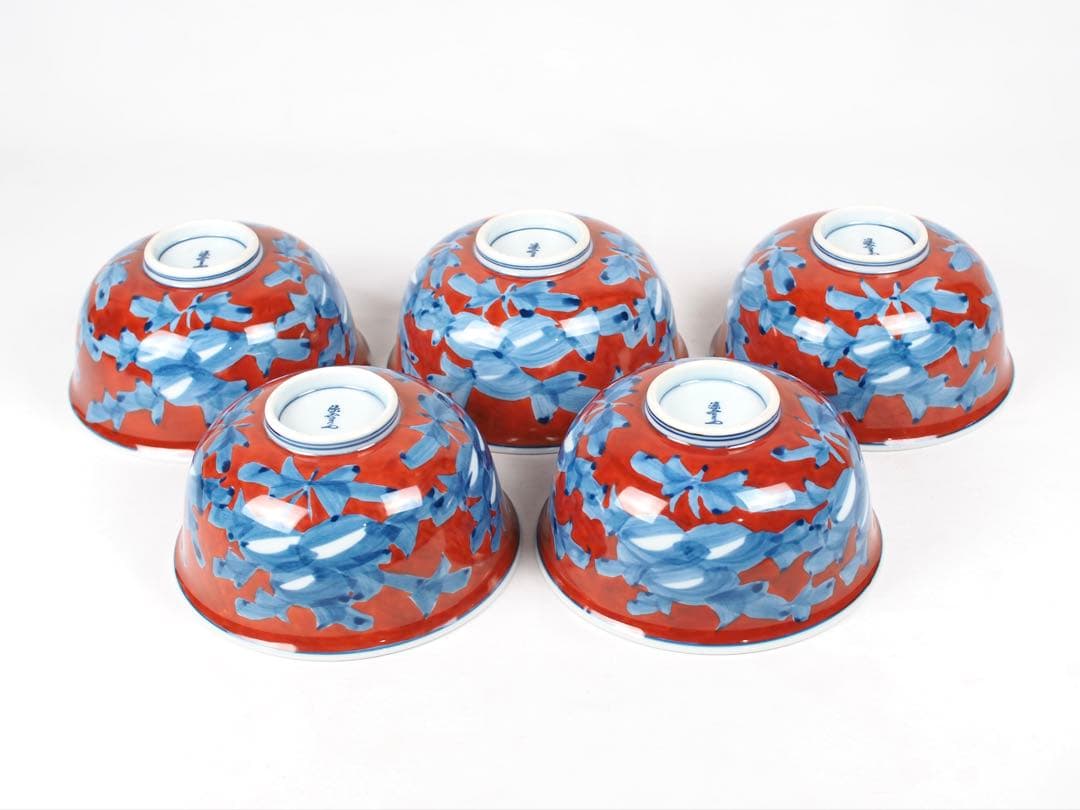 源右衛門窯 赤濃牡丹絵 蓋碗 蓋物 5客 有田焼 (付属品：共箱、栞)