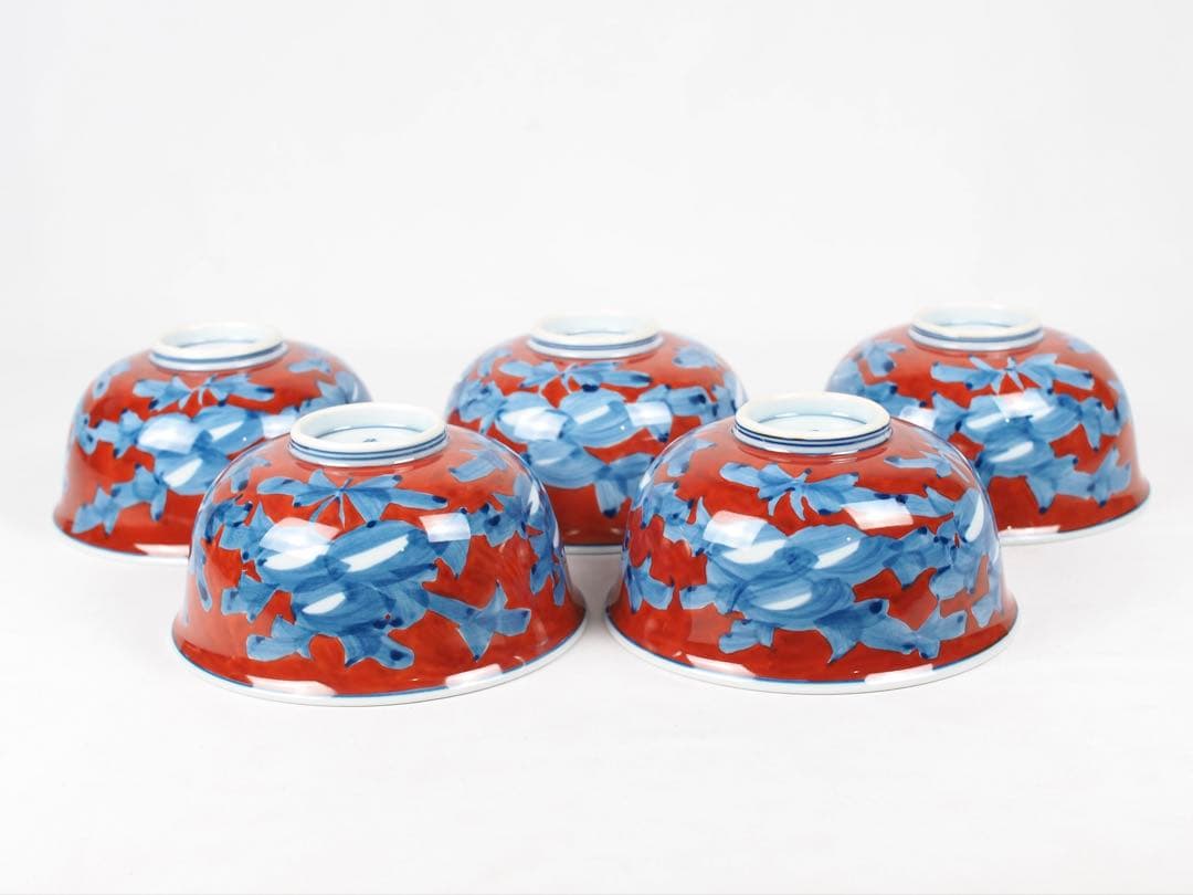 源右衛門窯 赤濃牡丹絵 蓋碗 蓋物 5客 有田焼 (付属品：共箱、栞)