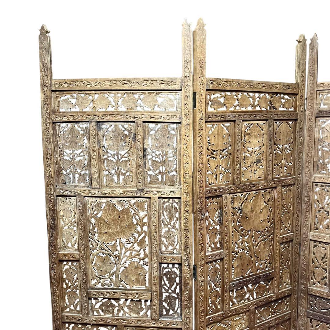 アジアンビンテージ 木製 透かし彫り 4連パーテーション 間仕切り 家具