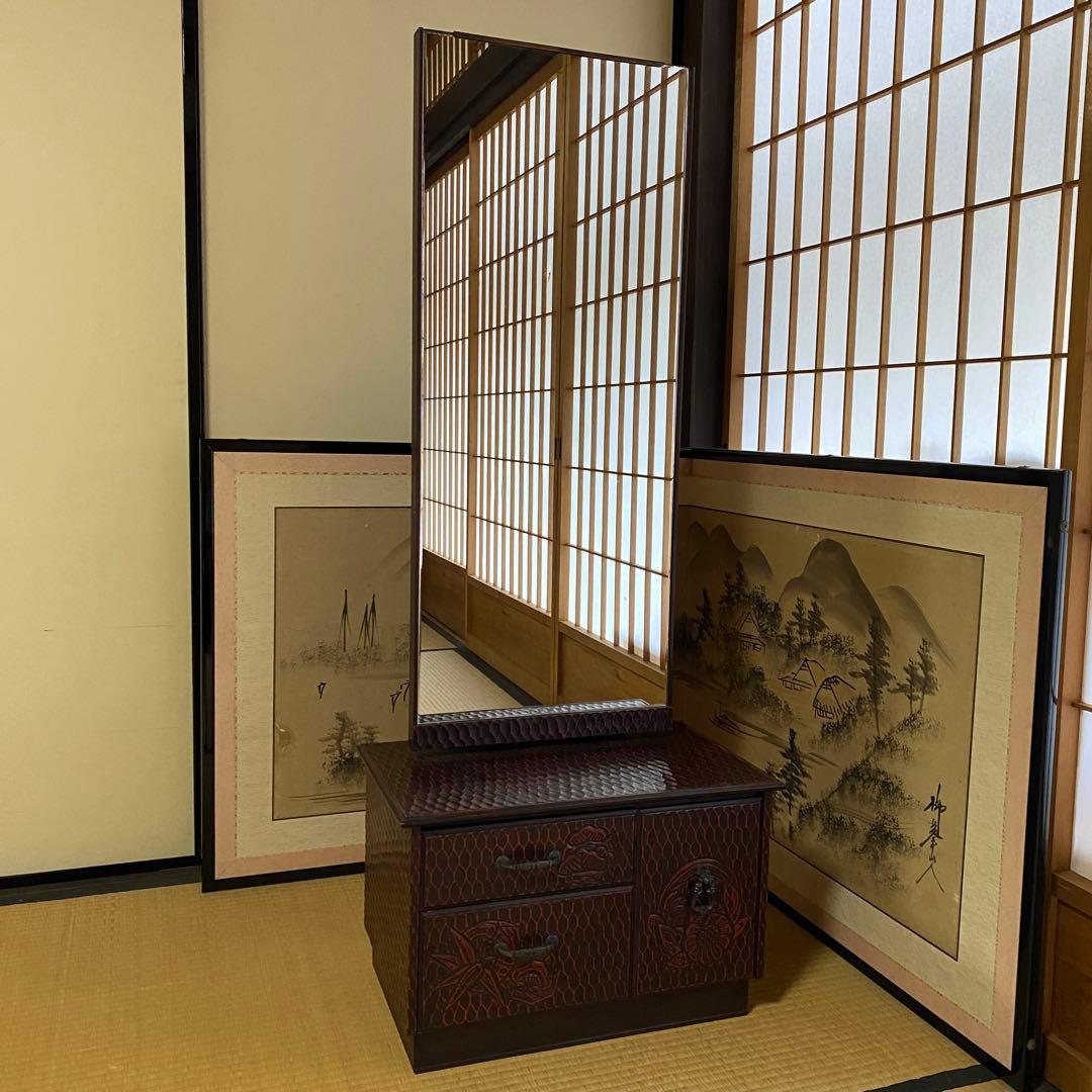 鎌倉彫 伝統工芸品　鏡台 ドレッサー ミラー 化粧台 漆塗り 松竹梅 和家具