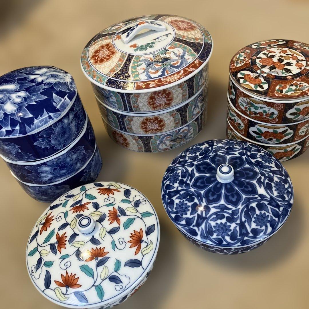 有田焼　庫山窯　魯山窯　陶器製　三段重　蓋付き容器　5セットおまとめ