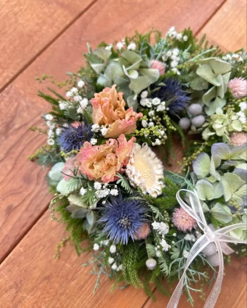 ミモザの蕾　トルコキキョウ　ナチュラルリース　ドライフラワー　リース　約22cm