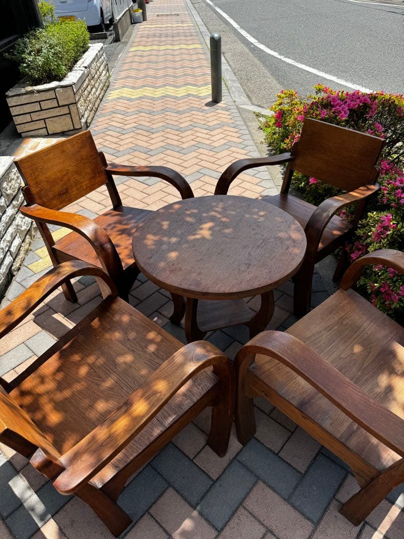 【タイのチェンマイ産】ハンドメイド 木製テーブル&チェア4脚セット (引取限定)