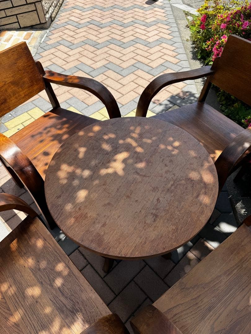 【タイのチェンマイ産】ハンドメイド 木製テーブル&チェア4脚セット (引取限定)