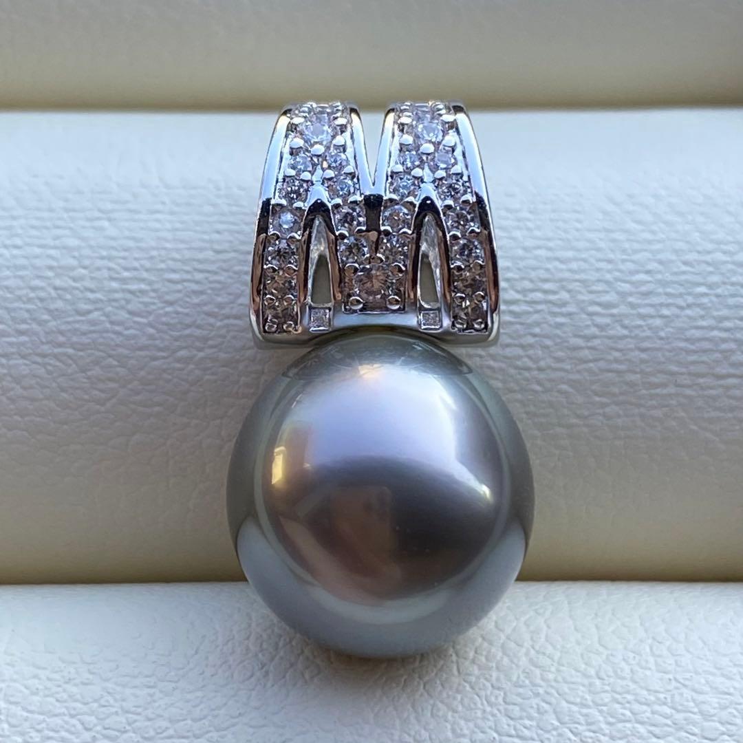 本真珠　南洋黒蝶真珠ネックレストップ　12*11.2mmグリーングレーPT935