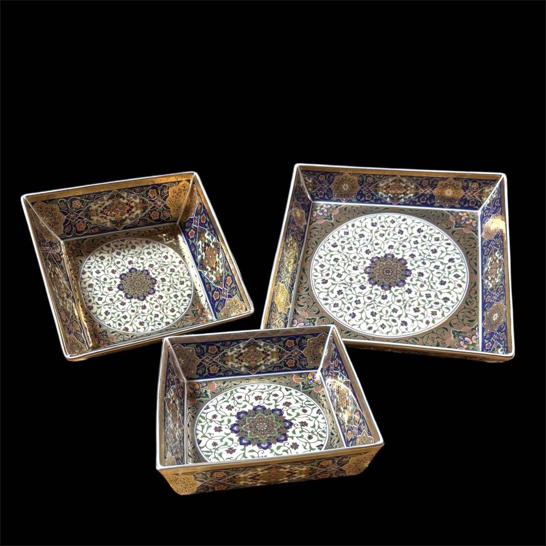 【希少・美品】庫山窯 金欄更紗 角盛皿 金彩 3点セット 角皿 美濃焼 和食器