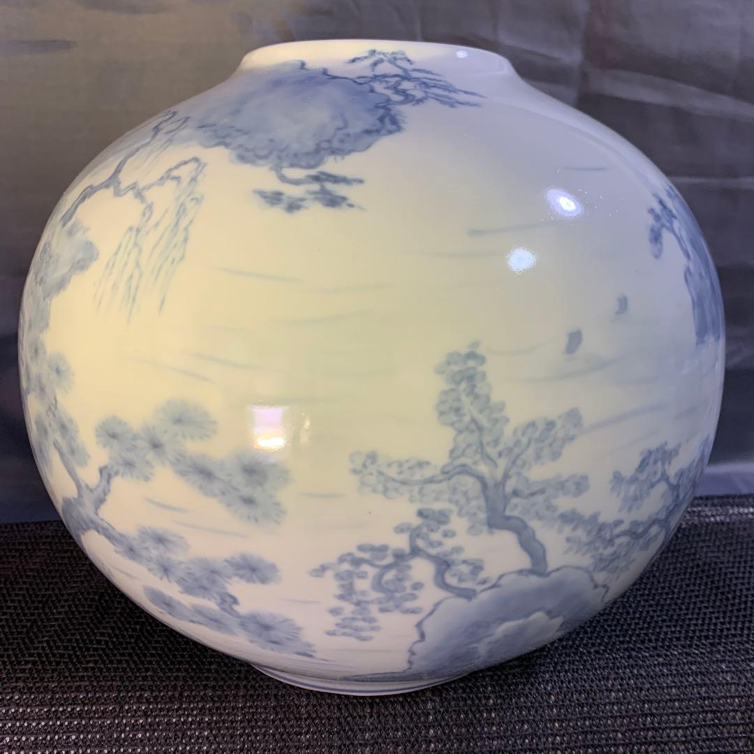 佐藤走波　染付　山水　つぼ　花瓶　松　柳　壺　フラワーベース　走破