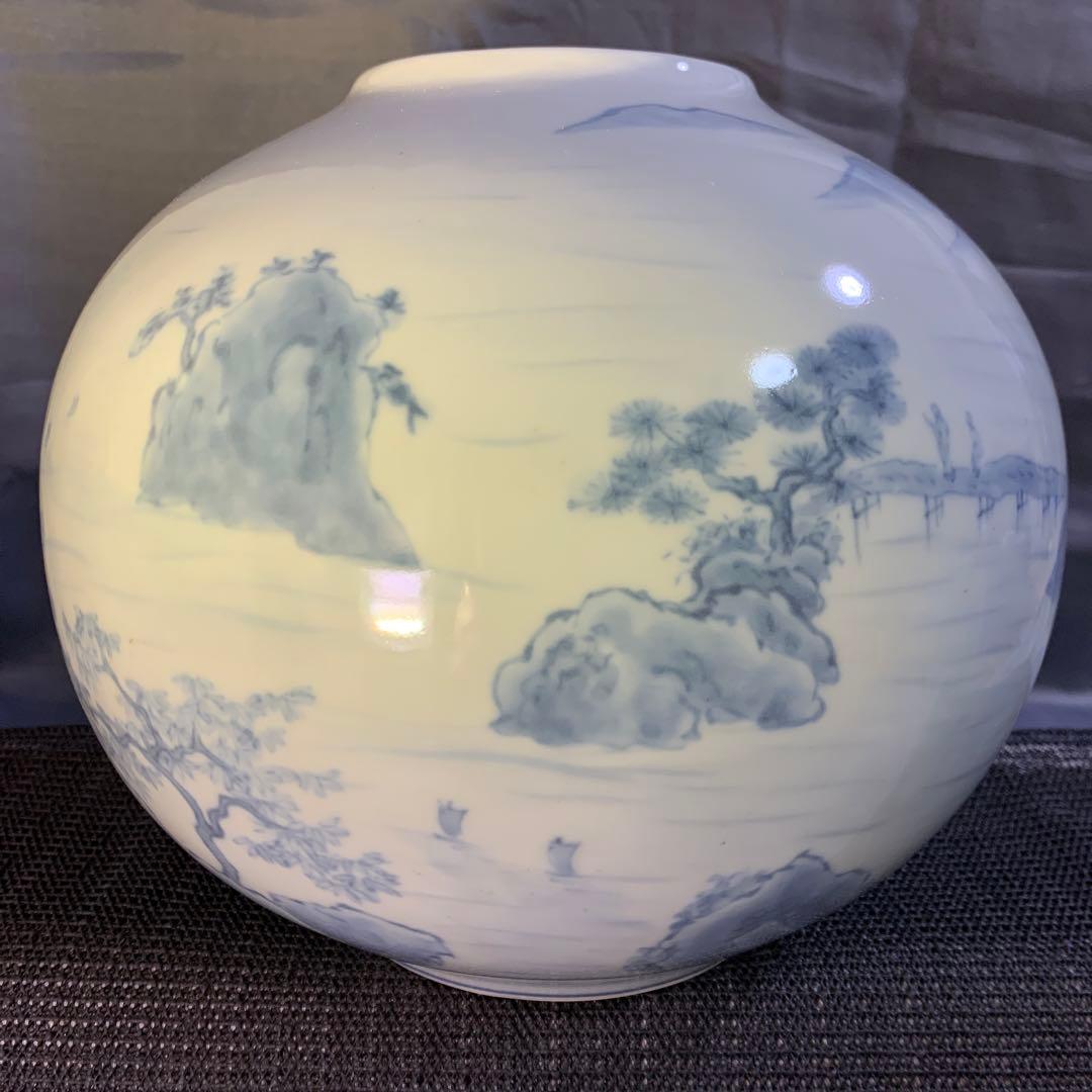 佐藤走波　染付　山水　つぼ　花瓶　松　柳　壺　フラワーベース　走破