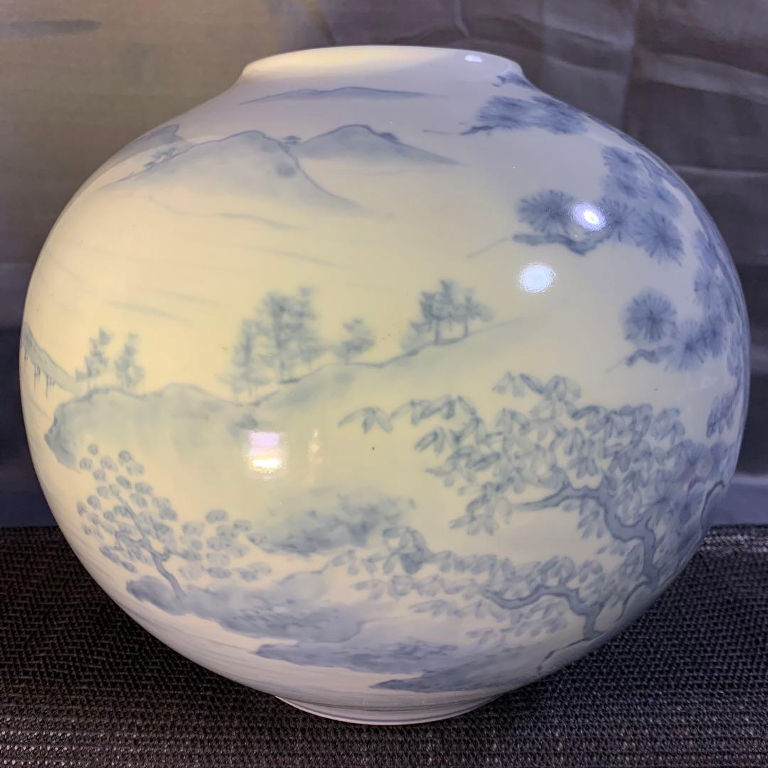 佐藤走波　染付　山水　つぼ　花瓶　松　柳　壺　フラワーベース　走破