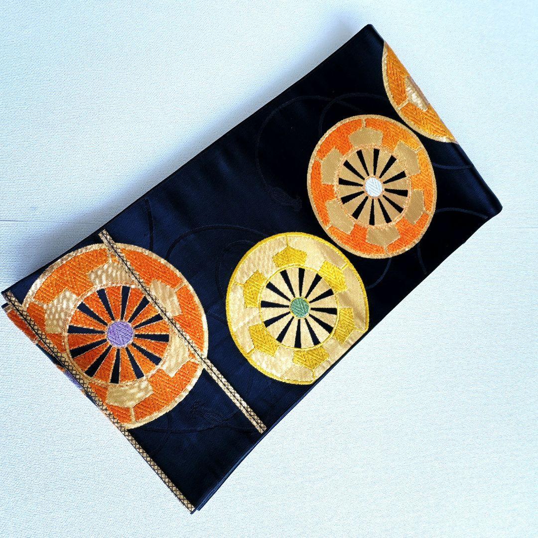 フルセット　七五三７歳女の子　黄緑地矢絣　黒地袋帯　源氏車　簡単半衿　7102