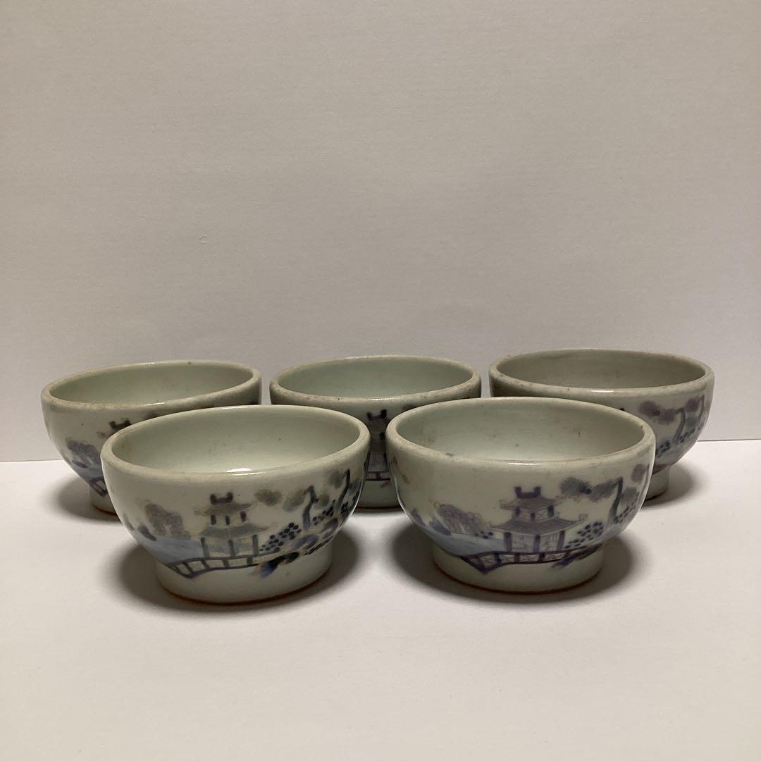 幕末～明治　変わり窯印　楼閣風景図　染め付け小鉢　向付け　五客