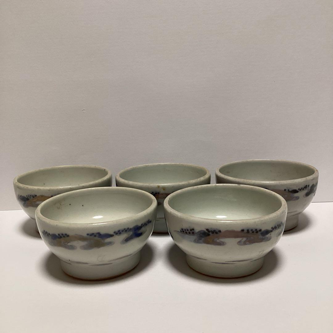 幕末～明治　変わり窯印　楼閣風景図　染め付け小鉢　向付け　五客