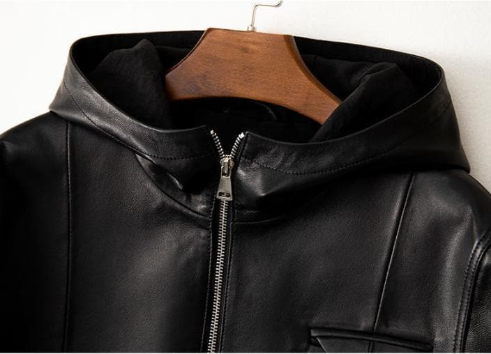 レディース上質 本革↑超ソフトなラムレザージャケット黒☆帽子付ラムレザーコート