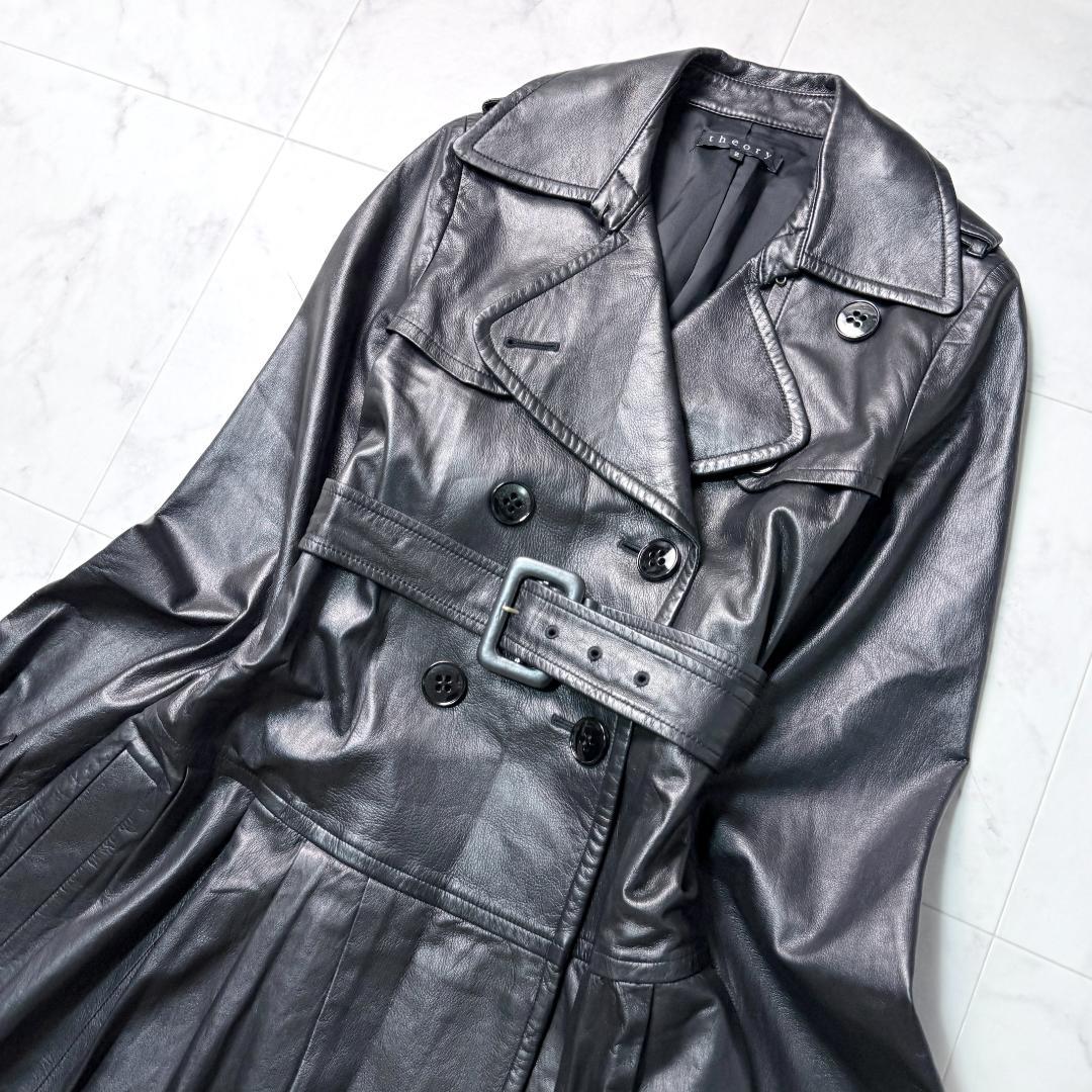 ✨希少✨セオリー ラムレザー100％ トレンチコート 軽量 ペプラム ブラック