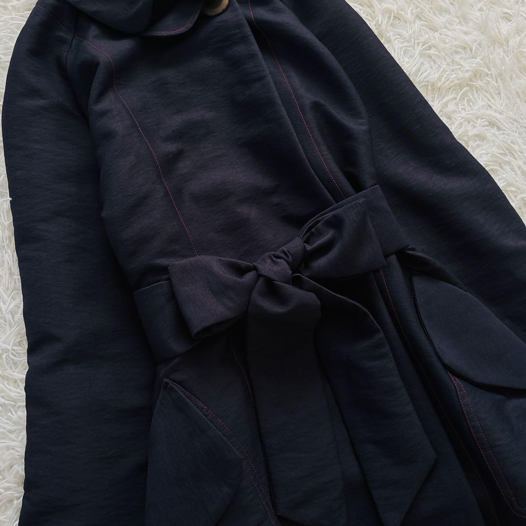 【MI.YA.CO】トレンチコート　レディース　ウエストリボン　濃紺　Fサイズ