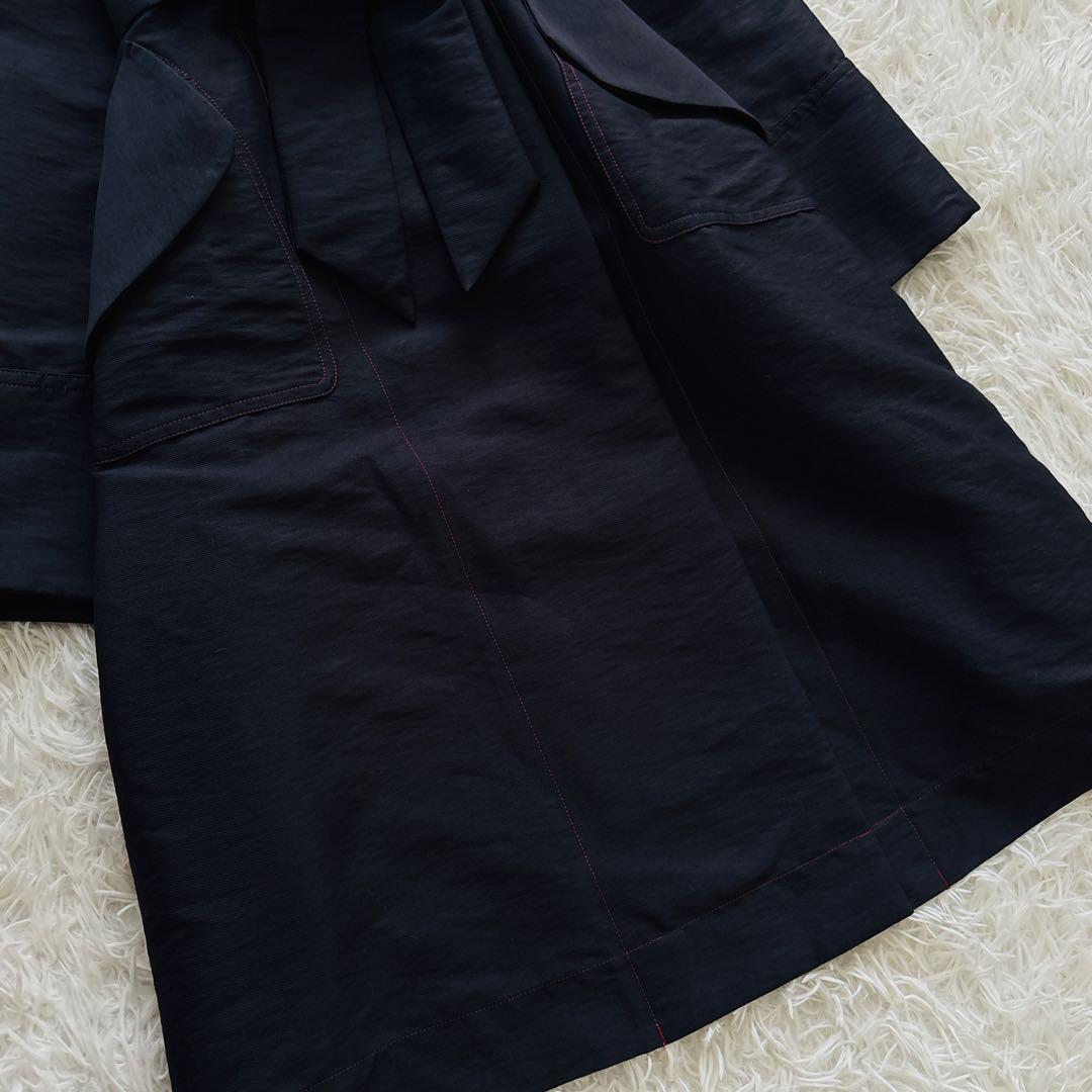 【MI.YA.CO】トレンチコート　レディース　ウエストリボン　濃紺　Fサイズ