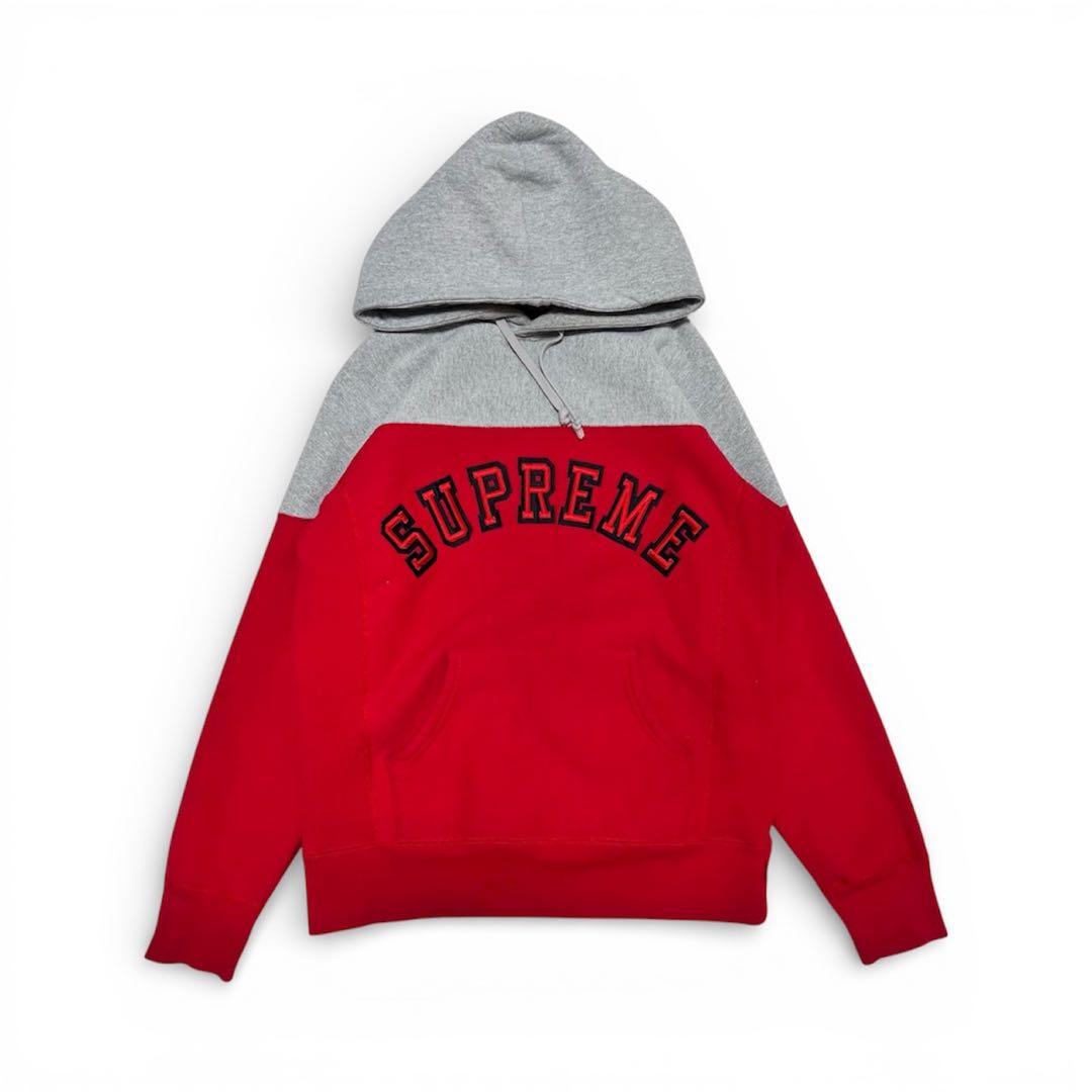 SUPREME パーカー レッド/グレー　バイカラー　裏起毛　アーチロゴ