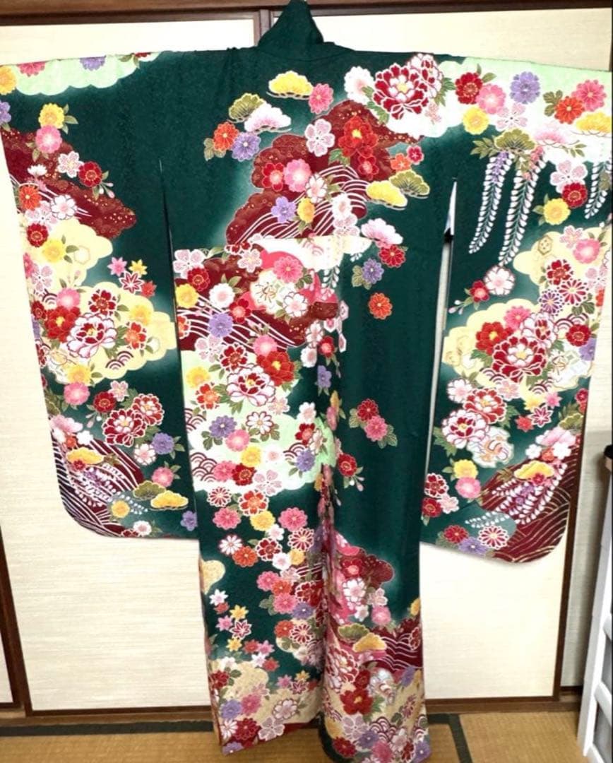 緑 花々 藤 菊 八重桜 振袖 身丈157