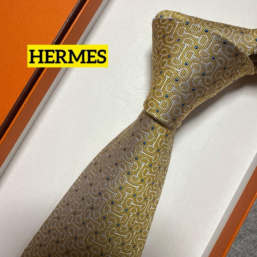 美品　エルメス　ネクタイ　金　シェーヌダンクル　シルクジャガード　派手　結婚式