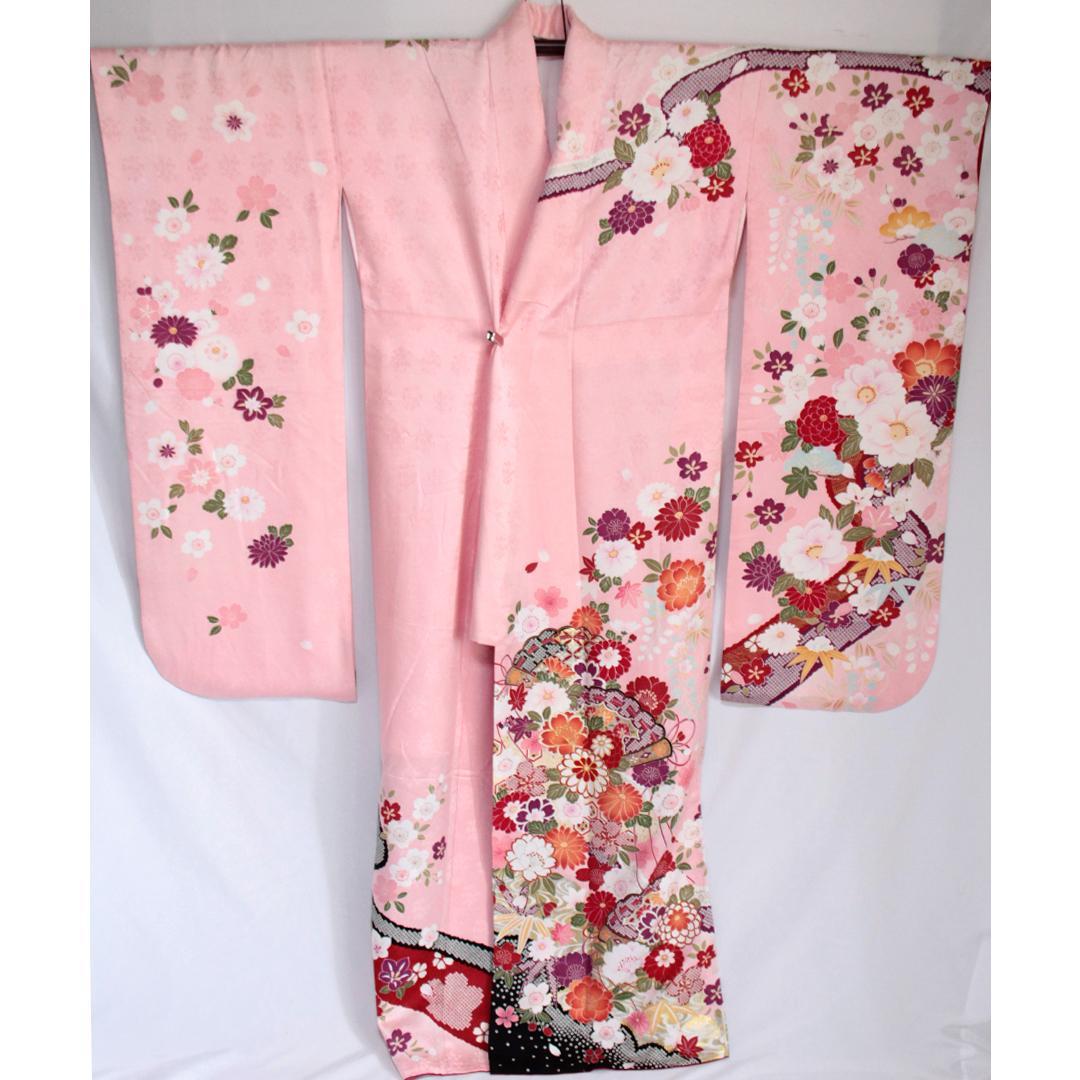 振袖現代柄ピンク5点セット 帯 帯揚げ 帯締め 重ね衿 成人式前撮りPK12