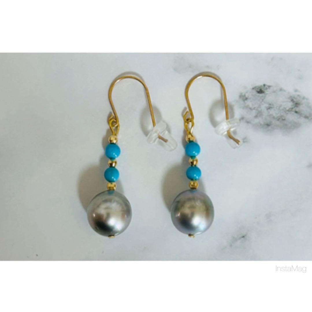 (M0121-1)K18YGタヒチ黒蝶真珠＋ターコイズピアス　ジュエリー