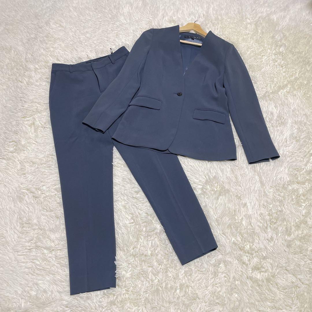 美品36 日本製【INDIVI トリアセテート混 ストレッチノーカラースーツ】