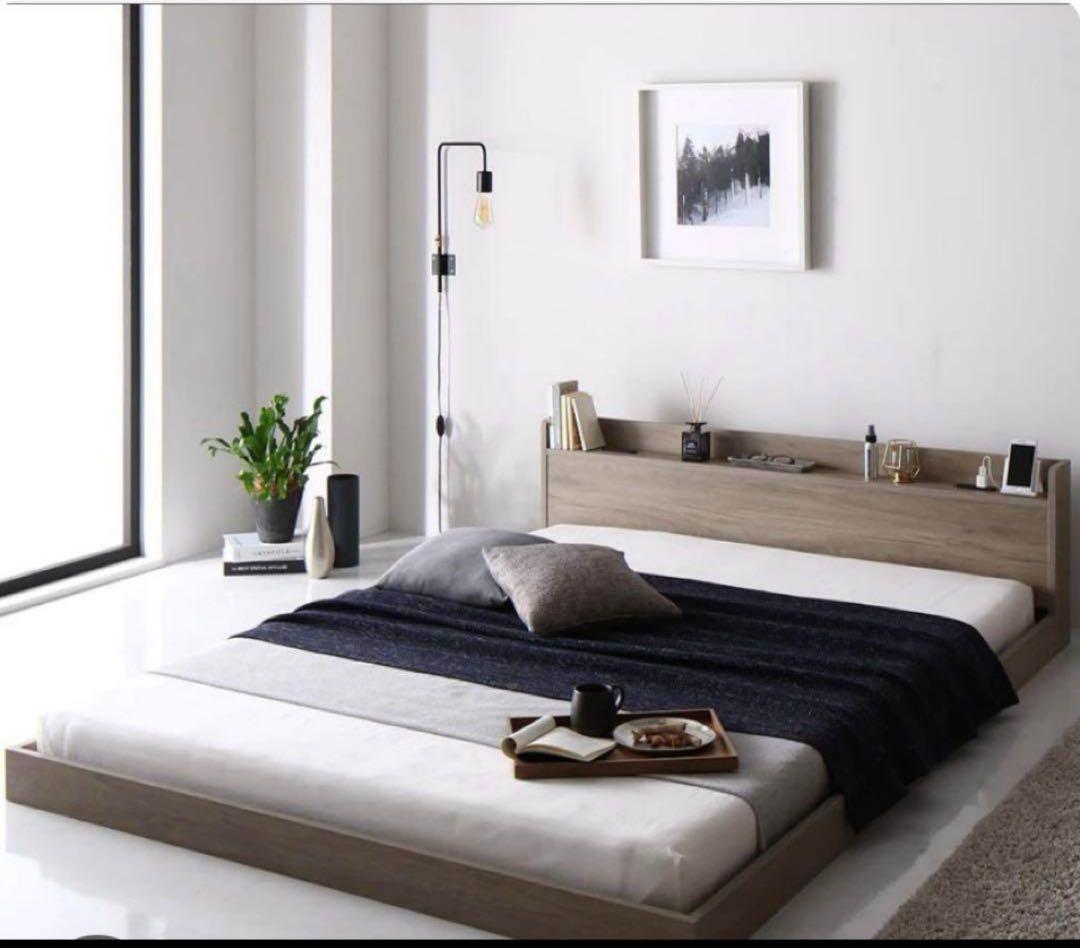 新品未使用)RASIK棚付きすのこローベッド 『Etany エタニー』グレージュ