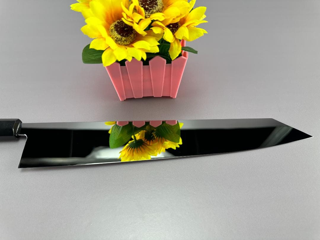 5629 切付牛刀 尺一 ウルトラ鏡面仕上げ 刺身包丁 両刃 黒檀黒水牛角八角柄